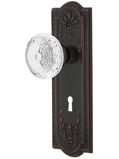 Meadows Mortise-Lock Set with Matching Crystal-Glass Knobs in Timeless Bronze.